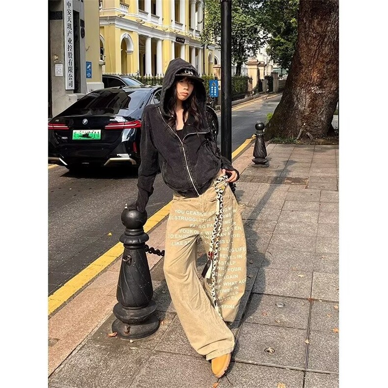 美式复古浪漫水洗做旧低腰牛仔裤女宽松直筒阔腿拖地长裤子NZA113,男装牛仔裤,星座516A