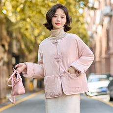 新中式风唐装高级感超粉色可双面穿丝绒外套女冬季轻薄羽绒服，女装羽绒服，韩蜜菓
