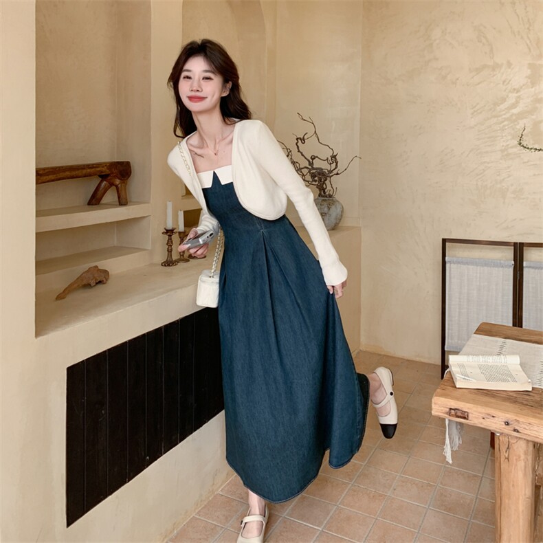 法式显瘦开衫吊带裙女2025春秋新款韩版收腰牛仔连衣裙,女装连衣裙,多米2-075