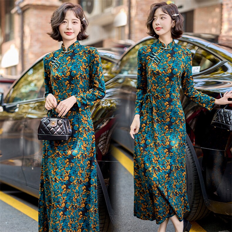 水衣源659款新中式针织提花碎花气质旗袍连衣裙（面料弹性好），女装汉服/婚纱/旗袍/礼服，水衣源