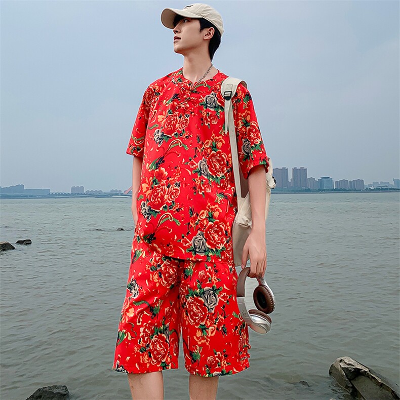 TZZ风盘扣T恤裤子大码团队服东北大花套装男女表演出新中式服,男装T恤,星座115A(原星座507）