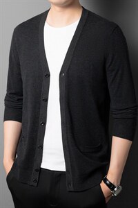 2023秋季中年男士新款针织开衫V领纯色商务休闲时尚长袖上衣图片