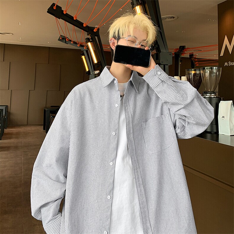 港风大码日系复古慵懒风翻领竖条长袖衬衫XZ213-GC8824-P60控78,男装衬衫,星座213