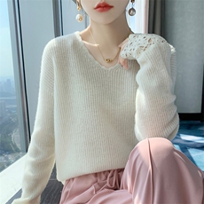 2024秋冬新款V领手钩花边羊毛衫，女装羊毛衫，暖烁羊绒