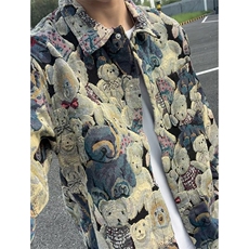 XXF033-P48潮牌卡通小熊休闲外套男士宽松提花牛仔外套夹克，男装工装外套，电商B323A