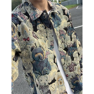 XXF033-P48 潮牌卡通小熊休闲外套男士宽松提花牛仔外套夹克图片