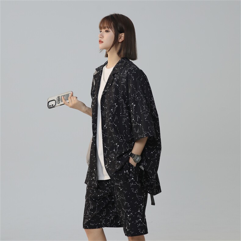 TZ9039/P55中性风冰丝衬衫短裤套装男宽松大码两件套潮男上衣裤子，女装大码女装，电商A141