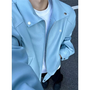 网图~cleanfit冰川蓝春季短款垫肩翻领皮衣夹克外套男JK2577批90图片