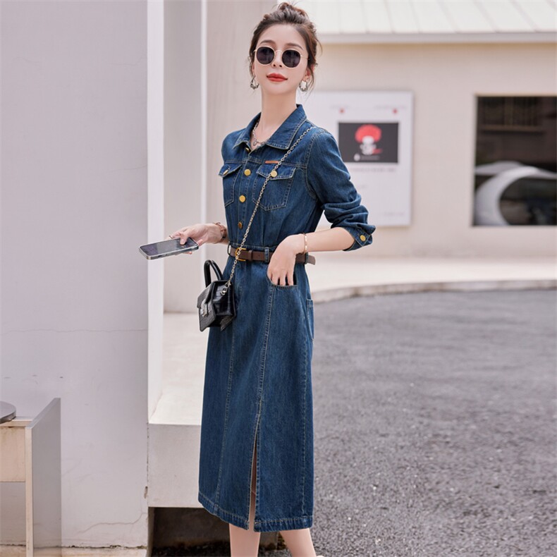2025欧货复古港风牛仔连衣裙女中长款春秋新款显瘦开叉裙子小个子，女装连衣裙，瑶迪