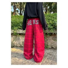 美式复古格子裤女秋季红色格纹阔腿裤宽松运动显瘦休闲裤拖地长裤，男装休闲裤，星座1210-1
