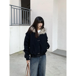 现货高品质美式高街冬季重磅硬挺短款座山雕毛领棉衣男女加厚外套图片