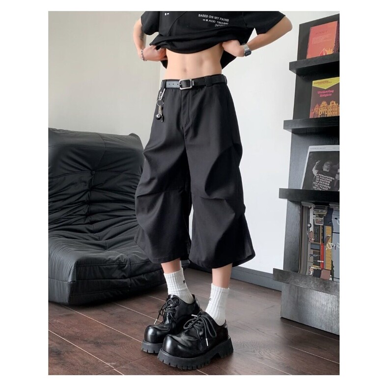 美式褶皱挺阔休闲西装短裤男女小众宽松阔腿直筒cleanfit七分裤夏,男装西裤,星座601-1