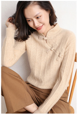 旗袍领中式女立领复古纽扣长袖纯色镂空时尚气质针织衫，女装针织衫/毛衣，大福羊绒