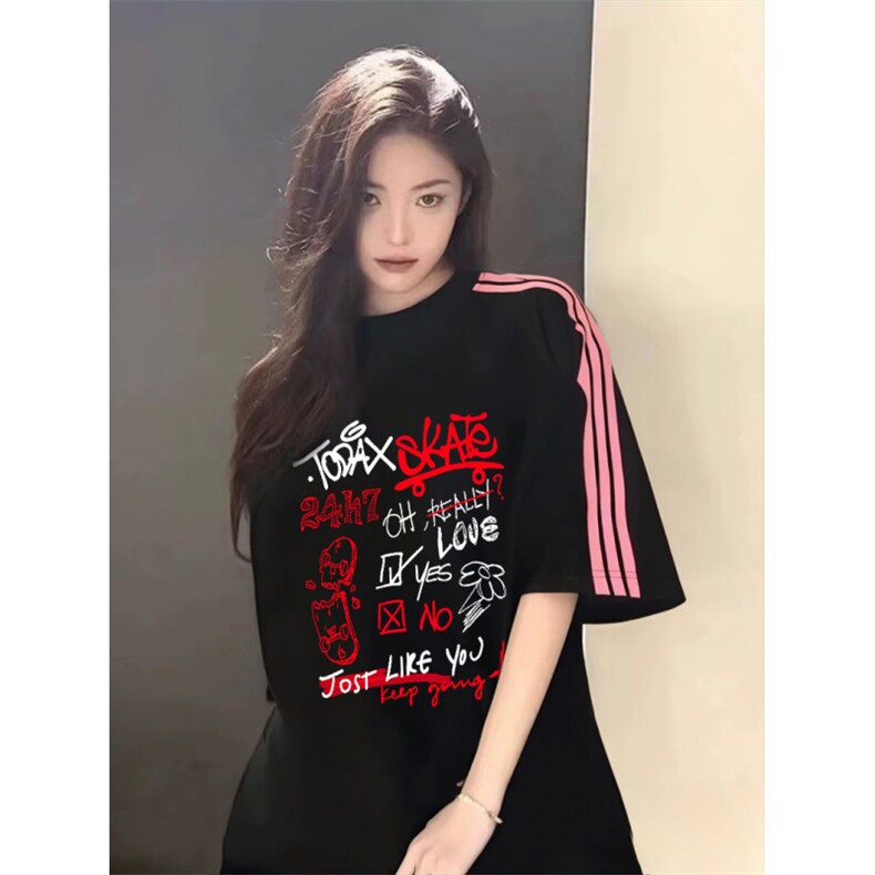 抖音得物品质二开240克宽松纯棉美式潮牌印花三条杠中性风短袖T恤,男装T恤,电商A486