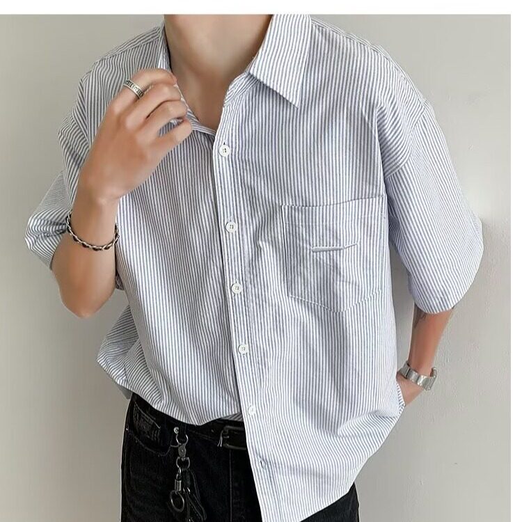 男装基础通勤少年感蓝条纹牛津纺衬衫工装休闲短袖衬衣CS2200P35,男装T恤,星座1013-1