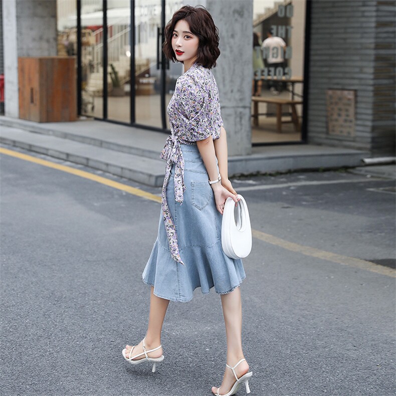 碎花半身裙牛仔套装女夏季2021新款女装韩版时尚网红两件套套裙潮,女装套装/套裙,瑶迪依秀