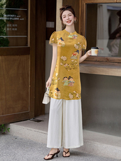 四季青2025夏季新款国风盘扣印花短袖衬衫时尚阔腿长裤两件套女潮，女装套装/套裙，芷墨服饰