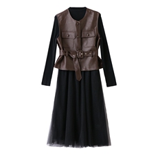 时尚穿搭皮马甲网纱裙两件套女2025年秋季爆款气质减龄休闲套装潮，女装套装/套裙，悠米