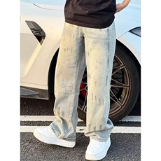 潮牌泼墨牛仔裤男女美式高街休闲长裤宽松直筒裤子K70716P47网图，男装牛仔裤，电商B245