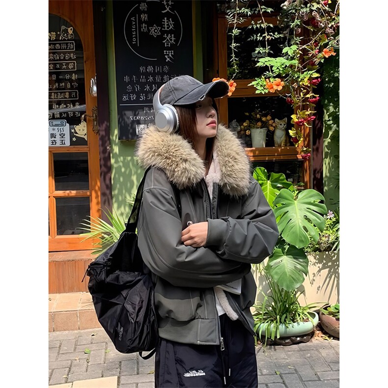 现货重磅boxy短款棉衣座山雕大毛毛领男女棉服水洗工装厚外套图片