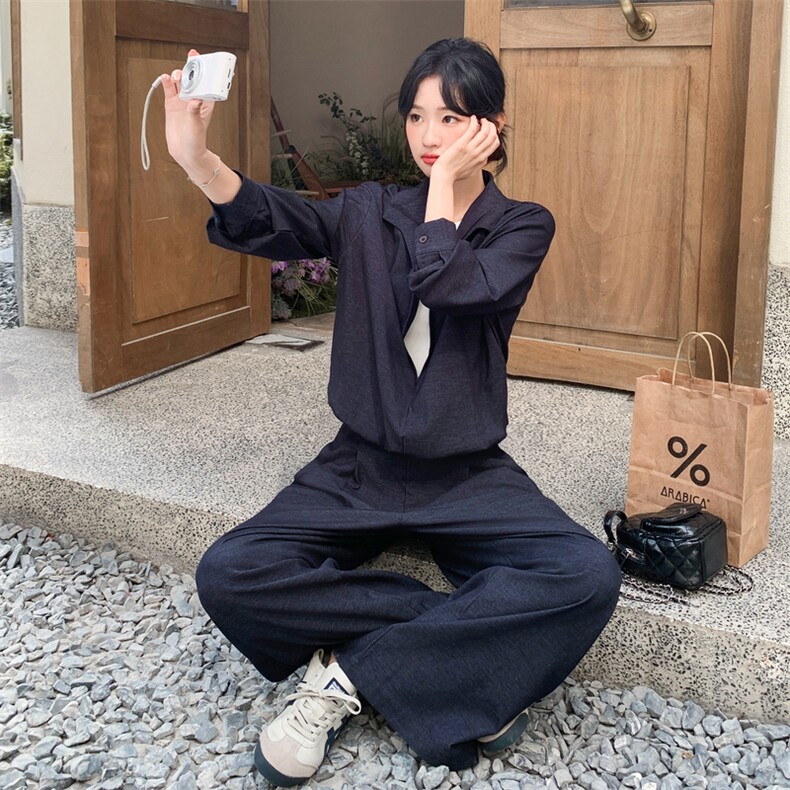 甜酷风牛仔衬衫阔腿裤套装女2025秋季新款休闲宽松显瘦减龄两件套,女装套装/套裙,浙宝217