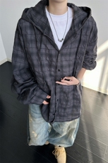 廓形防晒衬衫男夏季长袖冰丝薄款亚麻格子衬衣开衫外套CS29006P50，男装衬衫，电商B312