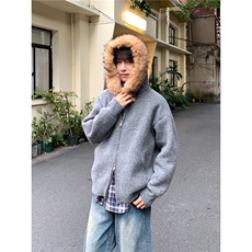 美式复古毛领连帽开衫毛衣男冬季高级感针织衫外套，男装针织衫/毛衣，四季星座505