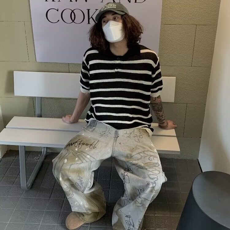 黑白条纹镂空冰丝针织衫美式polo衫短袖男夏季设计感t恤T5070-P40图片