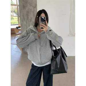 加绒加厚卫衣女秋冬高级感美式复古连帽宽松拉链外套WY10 P49图片