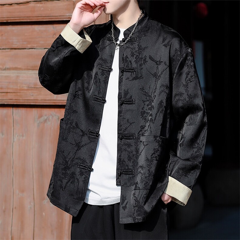 新款2025春夏中式立领盘扣提花纹长袖衬衫A021-KS513-85,男装衬衫,电商A021