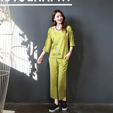 时尚宽松棉麻套装女夏新款韩版显瘦刺绣两件套休闲裤装，女装套装/套裙，丽影随形