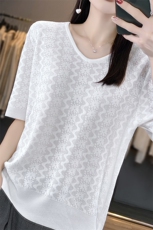 V领冰丝针织短袖T恤衫女2024夏季新款镂空提花半袖桑蚕丝打底上衣，女装针织衫/毛衣，欣美羊绒