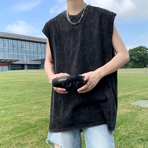 抖音得物品质二开240克重磅美式高街纯棉水洗做旧复古无袖T恤背心图片