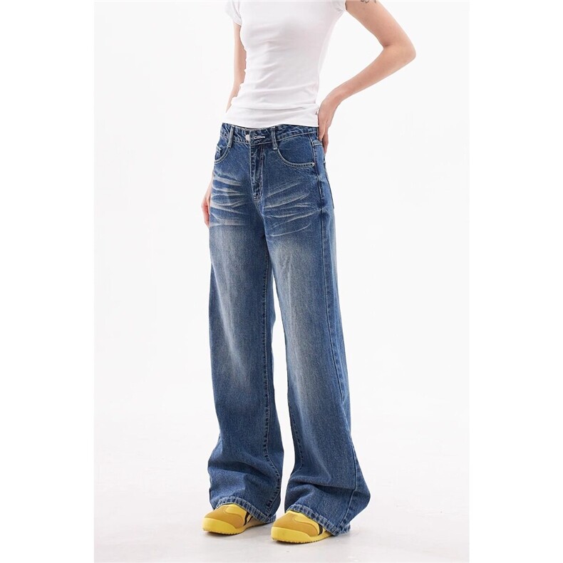 水洗猫须纹理蓝色牛仔裤男款韩版设计感宽松阔腿直筒休闲拖地长裤，男装棉裤，星座218-1（原230）