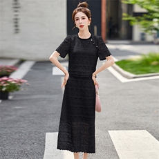 小香风名媛气质套装裙女2025夏新款洋气蕾丝镂空上衣半身裙两件套，女装套装/套裙，韩宇舍