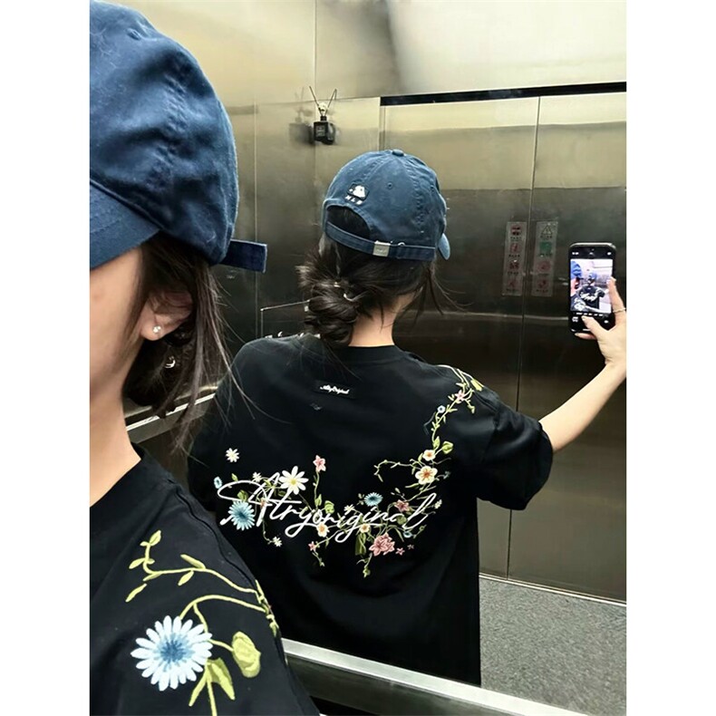 万针全刺绣工艺抖音得物高品质260克重磅纯棉双纱美式高街短袖T恤,男装T恤,电商A486-1