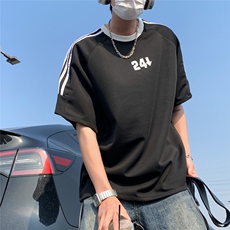 2026夏装新款薄款织带拼接短袖印花五分袖T恤T6606/特P30黑色5，男装T恤，电商A094