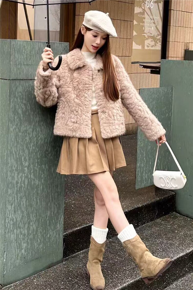 2025年冬季轻奢优雅皮毛一体仿水貂毛短外套,女装皮草,贝蕾酷儿