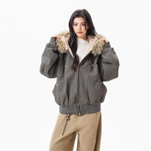 1506-1/MM88061/P79美式复古连帽毛茸座山雕棉服外套秋冬短款工装图片