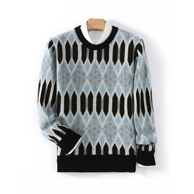 2024年秋季圆领长袖羊毛条纹时尚都市套头羊毛衫，男装羊毛衫，德晨羊绒