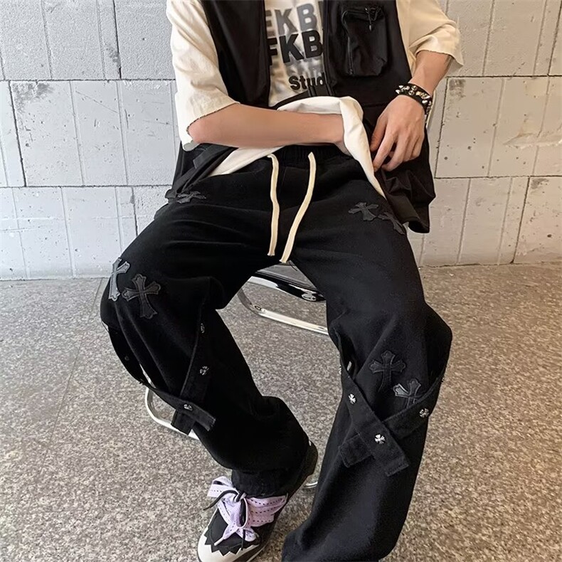 潮酷穿搭十字架直筒牛仔裤男女2023年新款宽松显瘦阔腿裤高街风图片