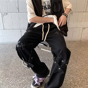 潮酷穿搭十字架直筒牛仔裤男女2023年新款宽松显瘦阔腿裤高街风,有肚子穿裤子怎么搭配衣服图片