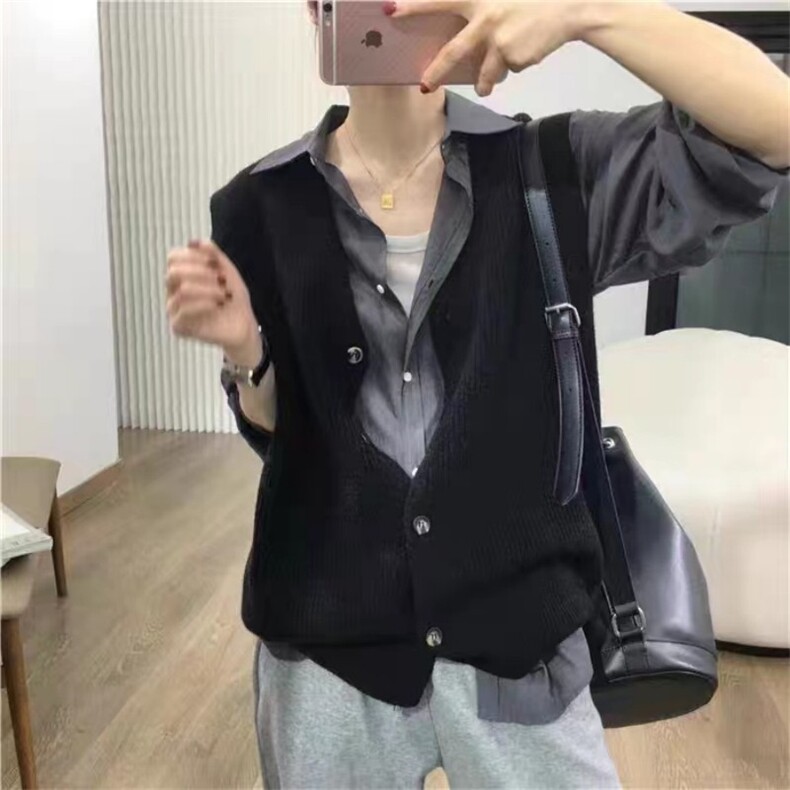 通勤百搭V领羊绒针织马甲开衫女韩式宽松无袖毛衣外搭羊毛坎肩,女装羊毛衫,泰沅羊绒