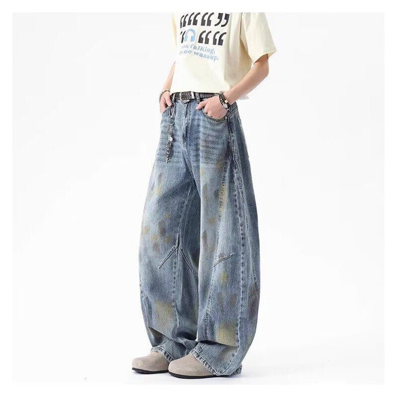 D57-P60美式复古做旧涂鸦弯刀牛仔裤宽松直筒阔腿裤，男装牛仔裤，星座617A-1（原B318A）
