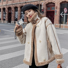 韩系chic羊羔毛外套女冬韩版宽松今年流行加绒加厚皮毛一体机车服，女装短外套，帛香坊