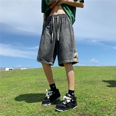 刺绣拼接牛仔短裤男款宽松直筒痞帅裤子夏季潮牌高街五分裤，男装牛仔裤，星座410-7