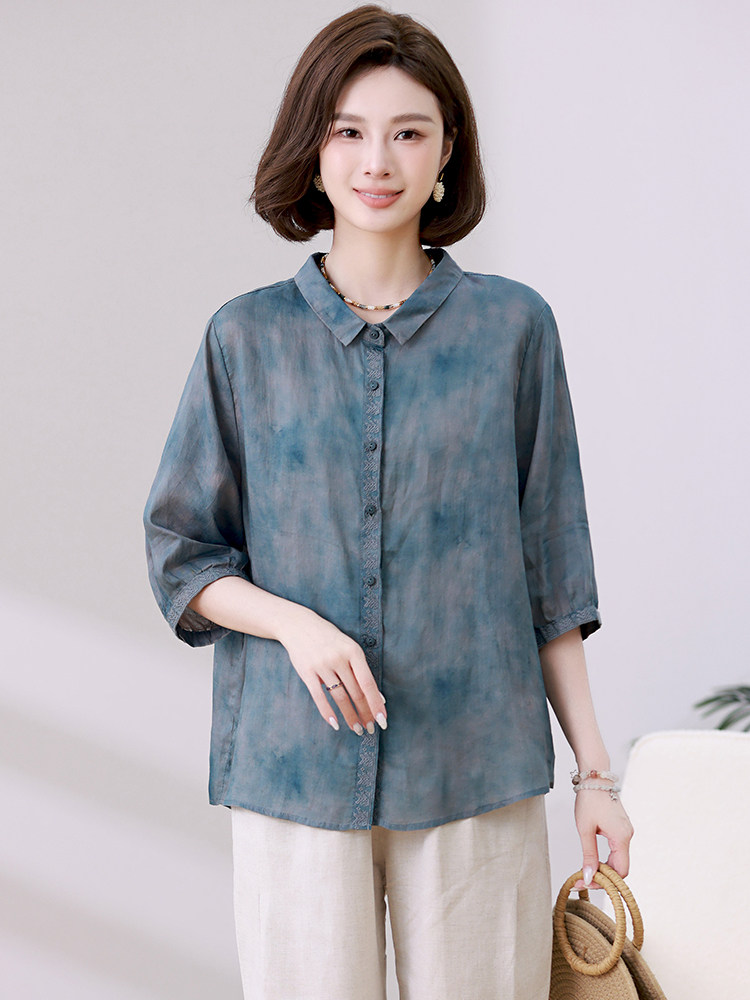 纯苎麻衬衫女五分袖2024新款夏季印花衬衣,女装衬衫,忆绮罗