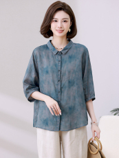 纯苎麻衬衫女五分袖2024新款夏季印花衬衣，女装衬衫，忆绮罗