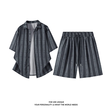 休闲条纹套装男抖音品质夏季日系宽松百搭一整套-A2130TP55控78，男装休闲套装，电商B241