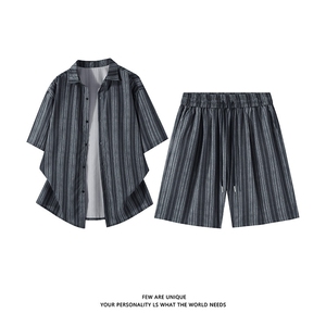 休闲条纹套装男抖音品质夏季日系宽松百搭一整套-A2130TP55控78图片